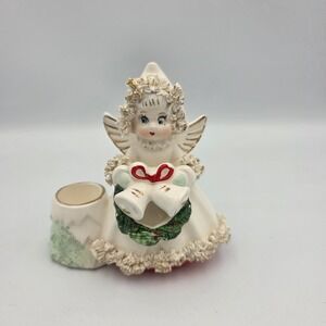 Vtg Commodore Christmas Angel Spaghetti Trim Bells & Wreath Candle Holder 50's